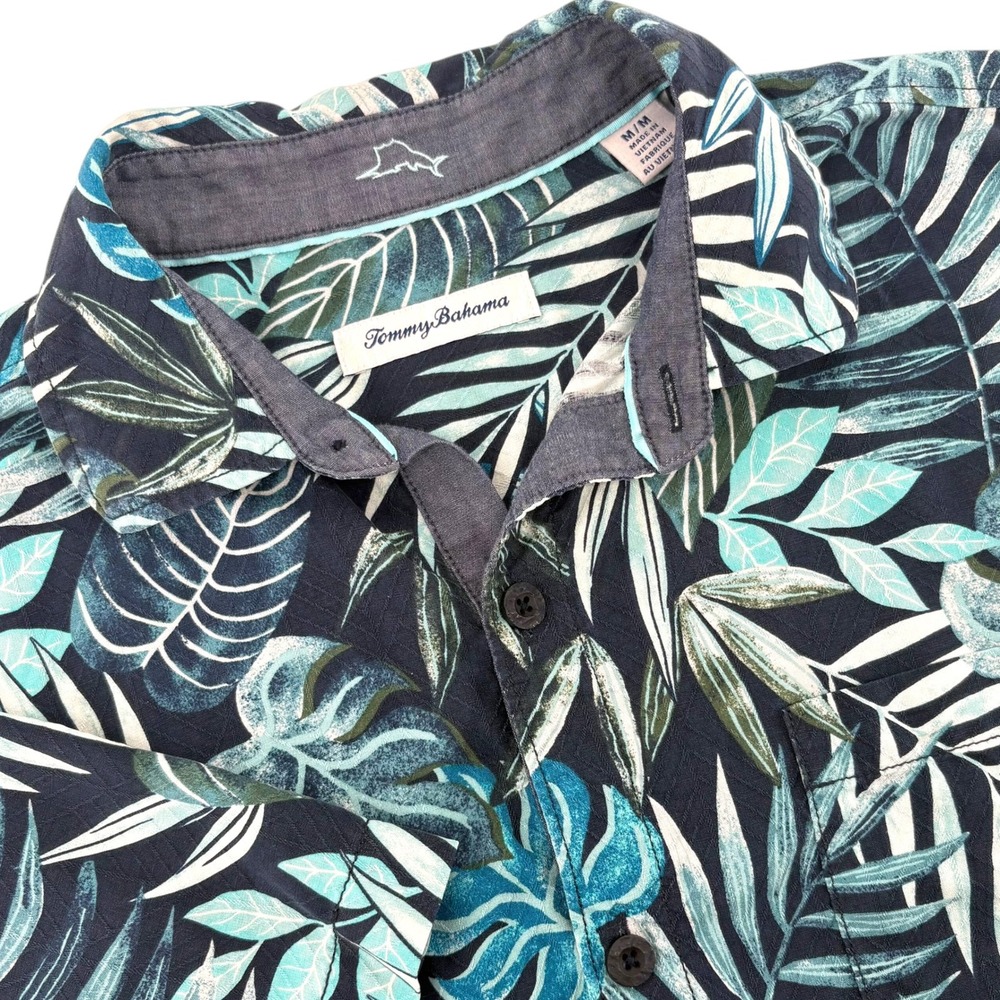 Tommy Bahama Mens M Silk Tropical Leaf Print Short Sleeve Button Down Shirt Navy